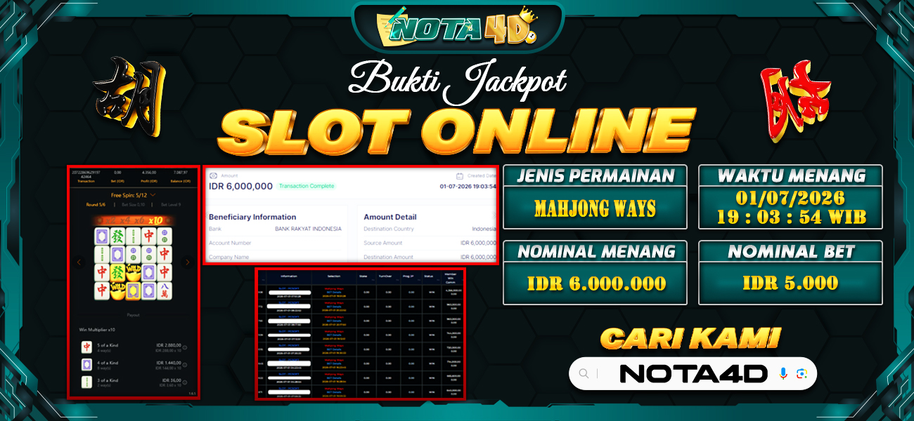 Bukti Kemenangan Besar Dibayar lunas Member NOTA4D RP 6.000.000, 1 Juli 2026