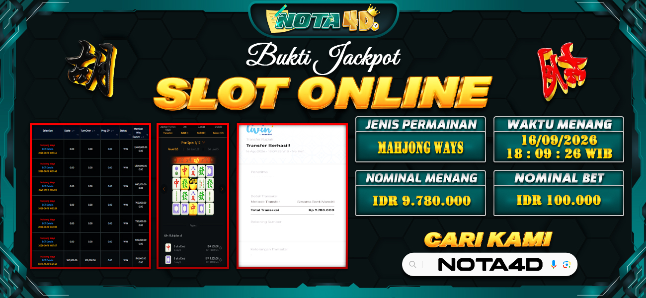 Bukti Kemenangan Besar Dibayar lunas Member NOTA4D RP 9.780.000, 16 Agustus 2026