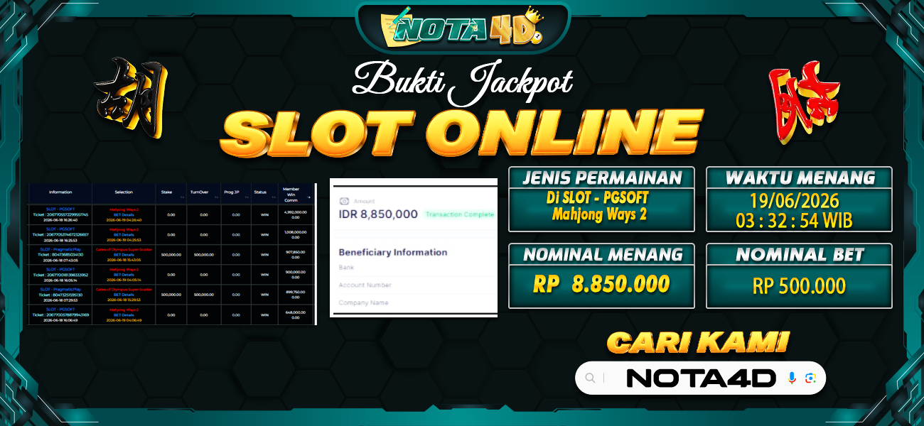 Bukti Kemenangan Besar Dibayar lunas Member NOTA4D RP 8.850.000, 19 Juni 2026