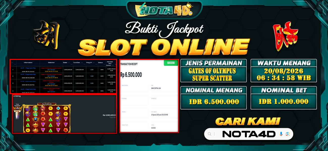 Bukti Kemenangan Besar Dibayar lunas Member NOTA4D RP 6.500.000, 20 Agustus 2026