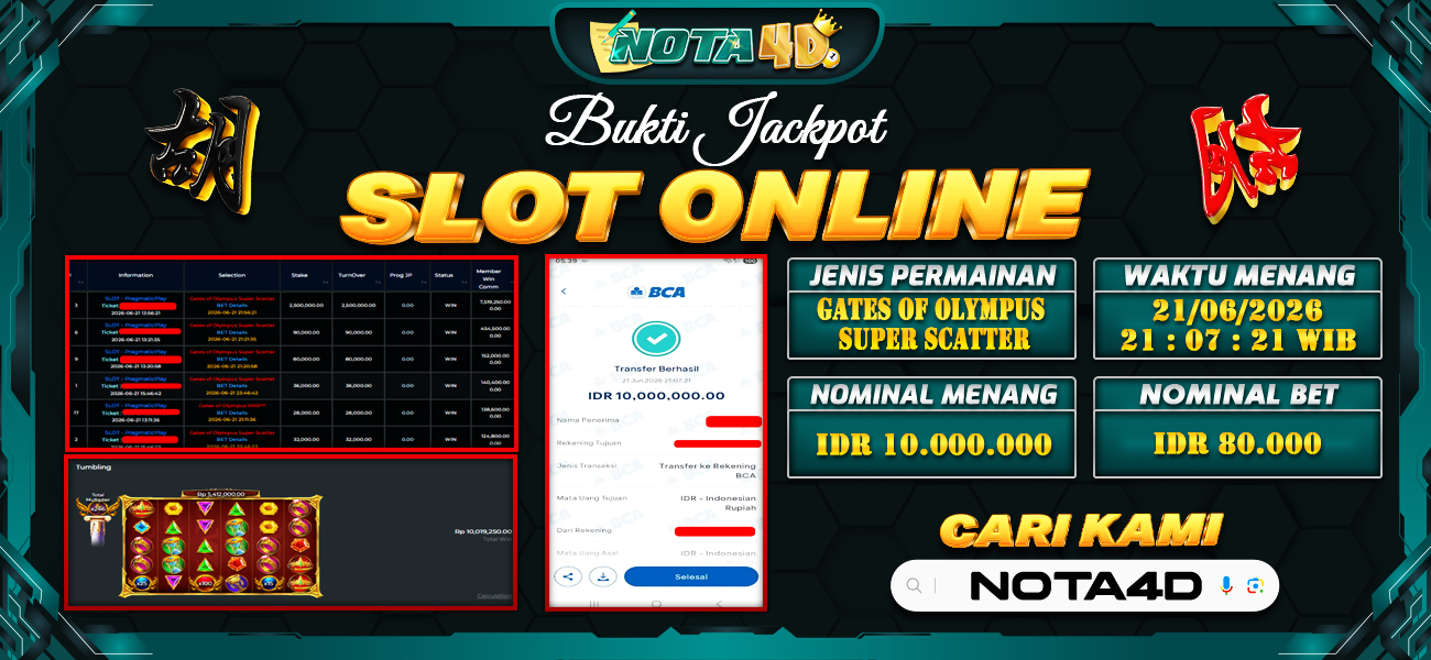 Bukti Kemenangan Besar Dibayar lunas Member NOTA4D RP 10.000.000, 21 Juni 2026