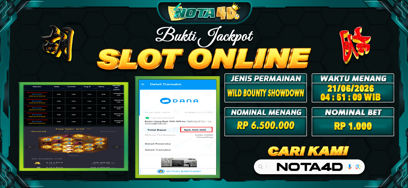 Bukti Kemenangan Besar Dibayar lunas Member NOTA4D RP 6.500.000, 21 Juni 2026