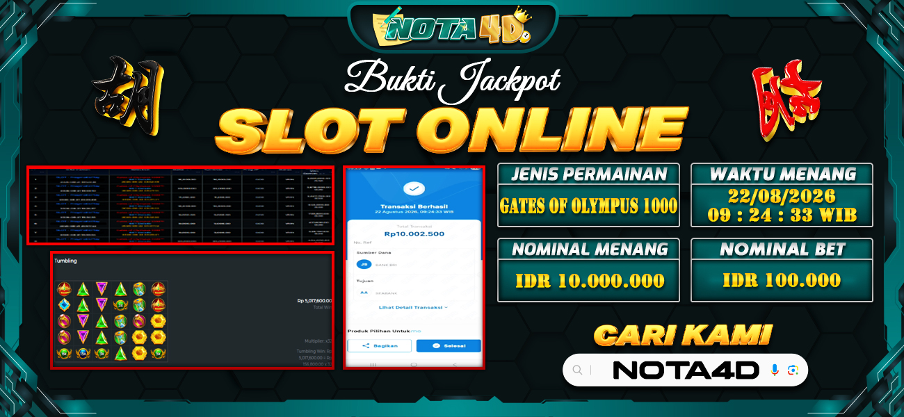 Bukti Kemenangan Besar Dibayar lunas Member NOTA4D RP 10.000.000, 22 Agustus 2026