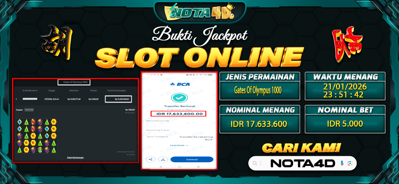Bukti Kemenangan Besar Dibayar lunas Member NOTA4D RP 17.633.600, 22 Januari 2026
