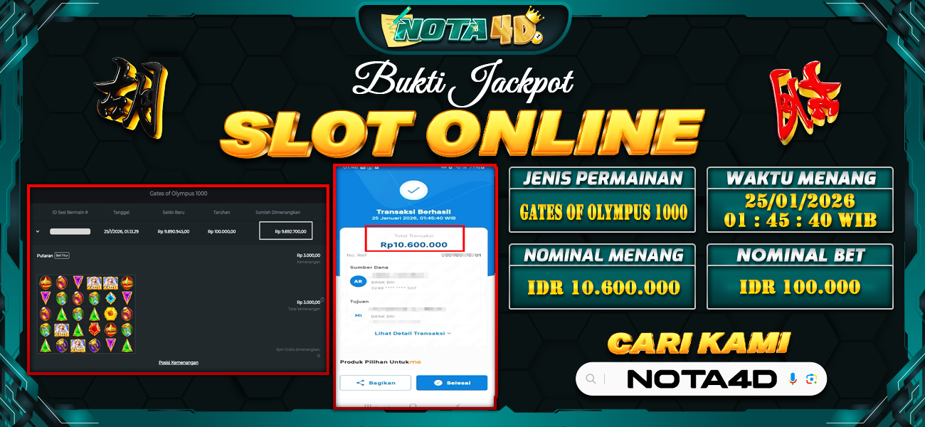 Bukti Kemenangan Besar Dibayar lunas Member NOTA4D RP 10.600.000, 25 Januari 2026