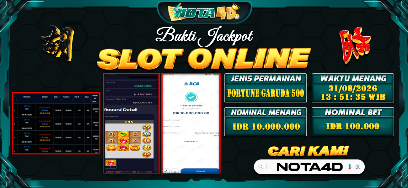 Bukti Kemenangan Besar Dibayar lunas Member NOTA4D RP 10.000.000, 31 Agustus 2026