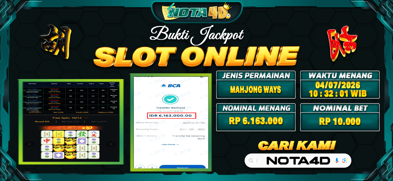 Bukti Kemenangan Besar Dibayar lunas Member NOTA4D RP 6.163.000, 4 Juli 2026