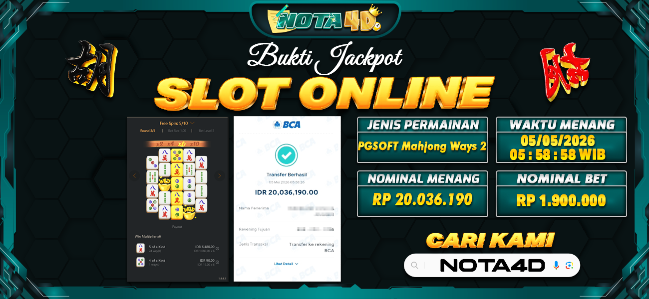 Bukti Kemenangan Besar Dibayar lunas Member NOTA4D RP 20.036.190, 4 Mei 2026